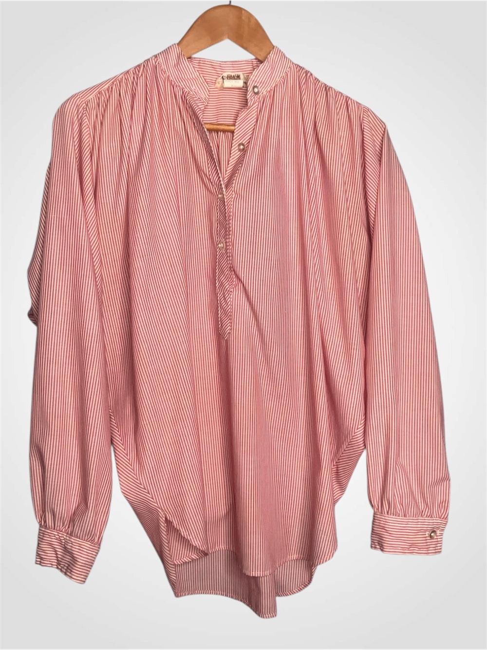 Women's Jon Woods New York Vintage 70s Red Striped Button-Neck Blouse Large